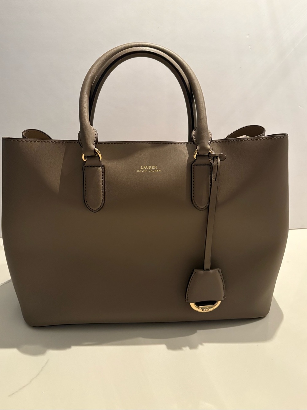 Like New Large LAUREN Ralph Lauren Taupe Leather Satchel/Tote with Gold Accents